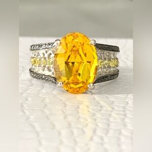 Signed Designer STS Karis Citrine CZ Rhodium Plated Ring Size